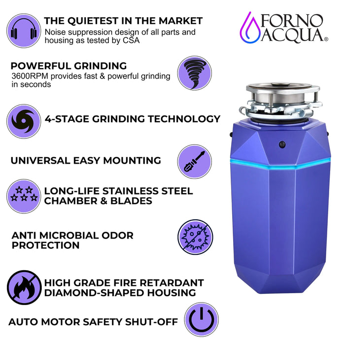 Forno Acqua BrightDiamond Amethyst 3/4HP Super Quiet Garbage Disposal Corded with Motion Sensor Cabinet Light & Pre-Wired Air Switch (WDD075TA1AM)