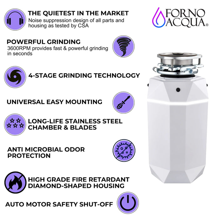 Forno Acqua BrightDiamond Moonstone 3/4HP Super Quiet Garbage Disposal Corded with Motion... Kitchen Appliance - View 13