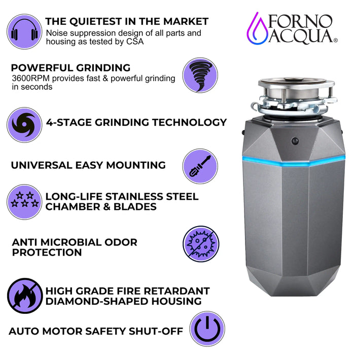 Forno Acqua BrightDiamond Black Onyx 1HP Super Quiet Garbage Disposal Corded with Motion... Kitchen Appliance - View 12