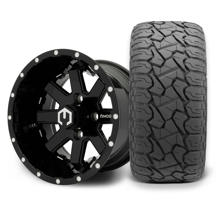MODZ Assault 12x7 Glossy Black Wheel & X Comp Golf X/T Tire Package golf cart wheel and tire