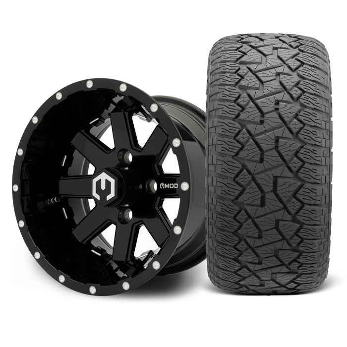 MODZ Assault 12x7 Glossy Black Wheel & X Comp Golf A/T Tire Package golf cart wheel and tire