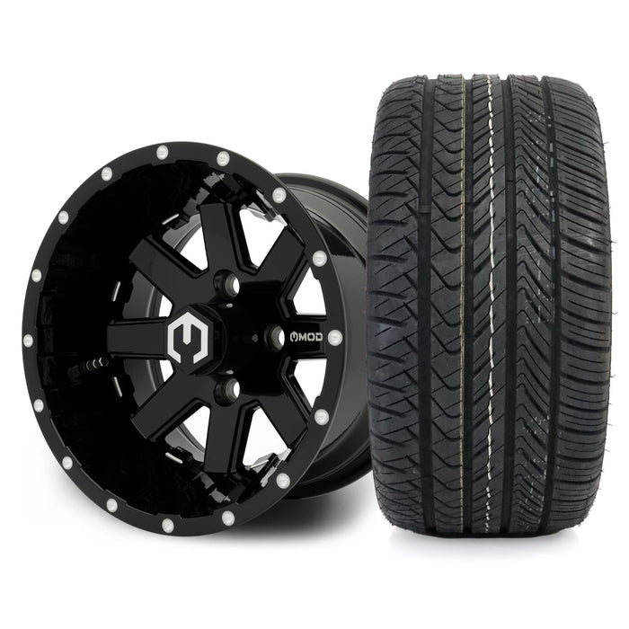 MODZ Assault 12x7 Glossy Black Wheel & X Comp Golf H/T Tire Package golf cart wheel and tire
