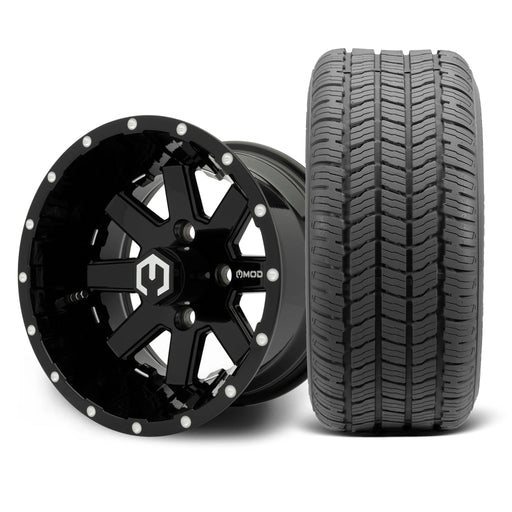 MODZ Assault 12x7 Glossy Black Wheel & Gladiator Golf A/P Tire Package golf cart wheel and tire