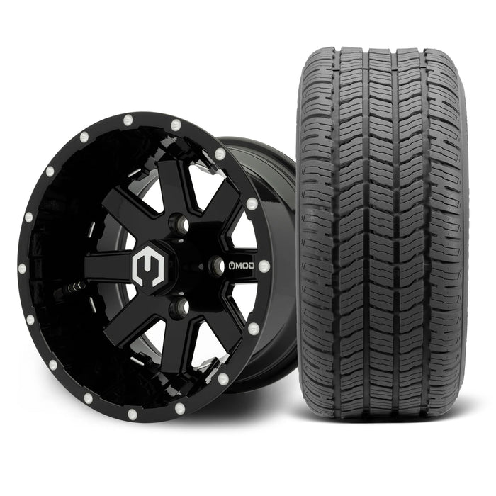 MODZ Assault 12x7 Glossy Black Wheel & Gladiator Golf A/P Tire Package golf cart wheel and tire