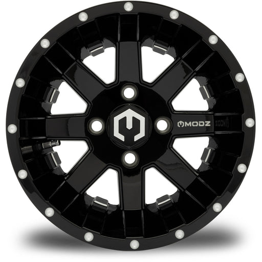 MODZ Assault 12x7 Glossy Black Wheel & Gladiator Golf A/P Tire Package golf cart wheel and tire – view 2