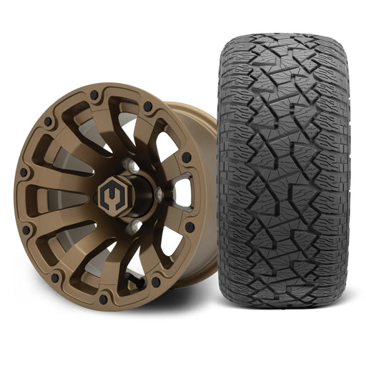 MODZ Bomber 12x7 Matte Bronze Wheel & X Comp Golf A/T Tire Package golf cart wheel and tire