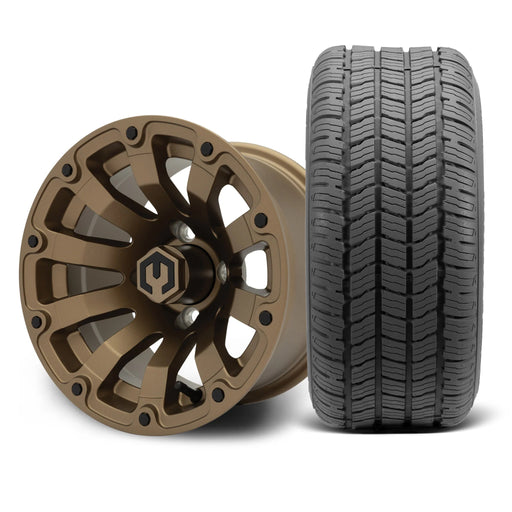 MODZ Bomber 12x7 Matte Bronze Wheel & Gladiator Golf A/P Tire Package golf cart wheel and tire