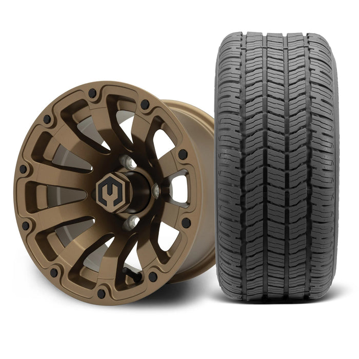 MODZ Bomber 12x7 Matte Bronze Wheel & Gladiator Golf A/P Tire Package golf cart wheel and tire