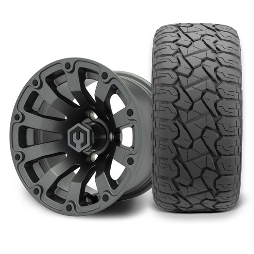 MODZ Bomber 12x7 Matte Gunmetal Wheel & X Comp Golf X/T Tire Package golf cart wheel and tire
