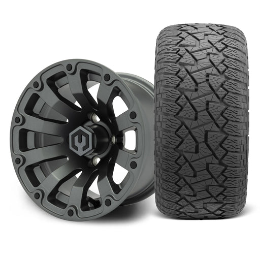 MODZ Bomber 12x7 Matte Gunmetal Wheel & X Comp Golf A/T Tire Package golf cart wheel and tire