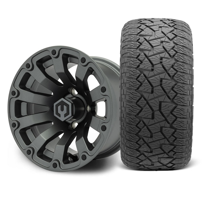 MODZ Bomber 12x7 Matte Gunmetal Wheel & X Comp Golf A/T Tire Package golf cart wheel and tire