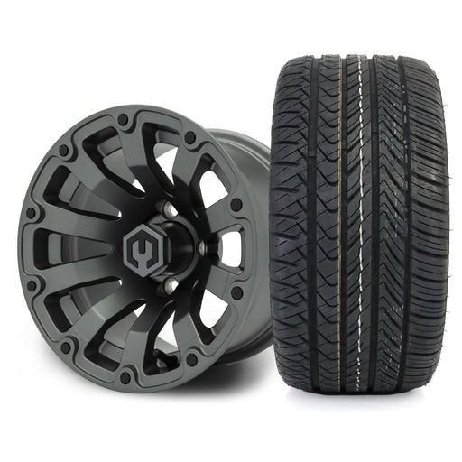 MODZ Bomber 12x7 Matte Gunmetal Wheel & X Comp Golf H/T Tire Package golf cart wheel and tire