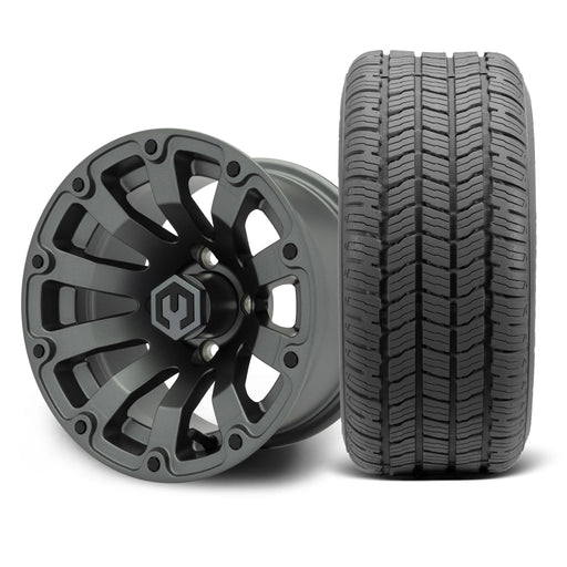 MODZ Bomber 12x7 Matte Gunmetal Wheel & Gladiator Golf A/P Tire Package golf cart wheel and tire