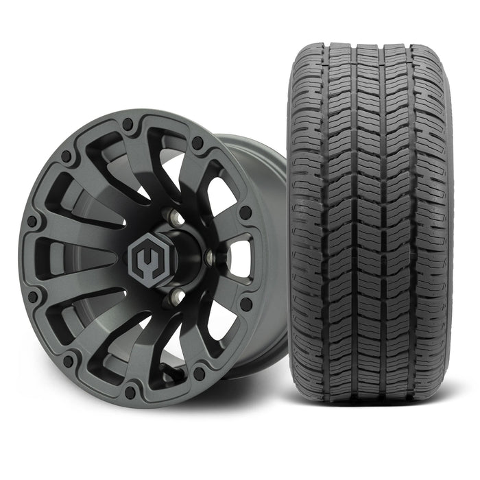 MODZ Bomber 12x7 Matte Gunmetal Wheel & Gladiator Golf A/P Tire Package golf cart wheel and tire