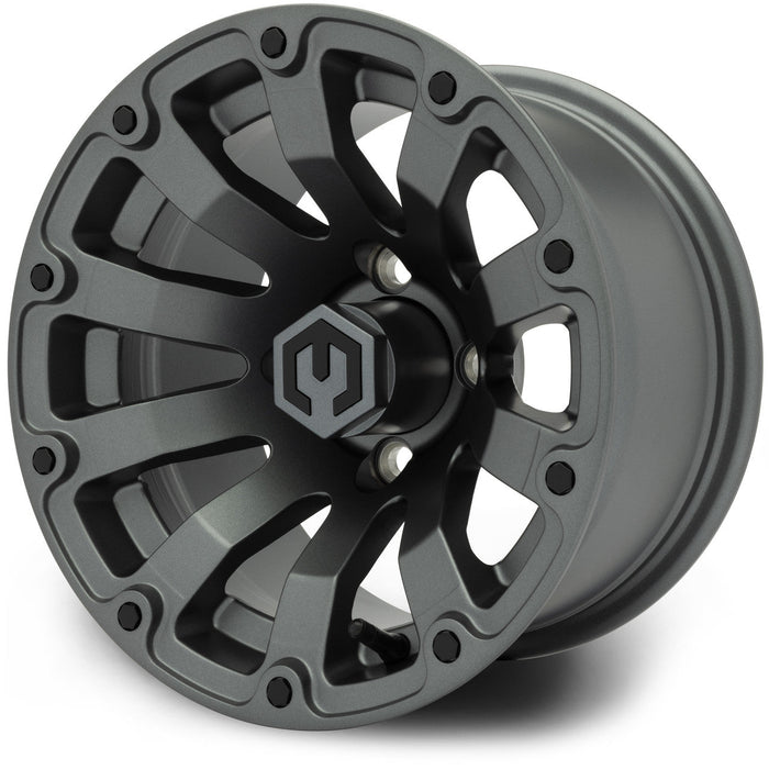 MODZ Bomber 12x7 Matte Gunmetal Wheel & Gladiator Golf A/P Tire Package golf cart wheel and tire – view 2