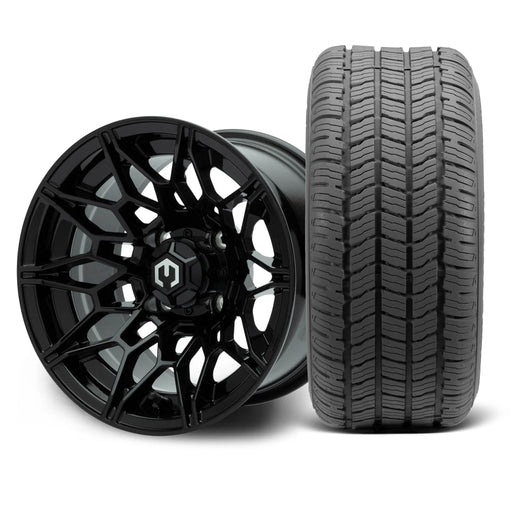 MODZ Galaxy 12x7 Glossy Black Wheel & Gladiator Golf A/P Tire golf cart wheel and tire