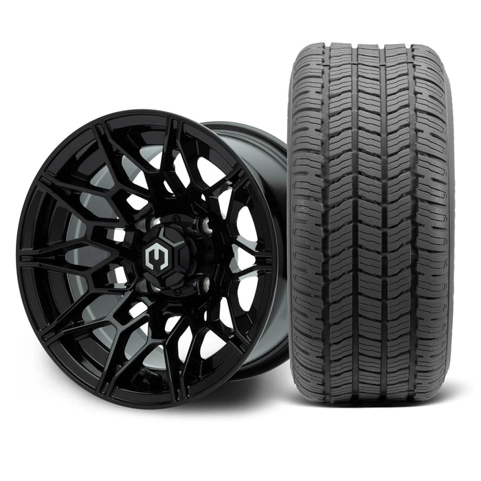 MODZ Galaxy 12x7 Glossy Black Wheel & Gladiator Golf A/P Tire golf cart wheel and tire