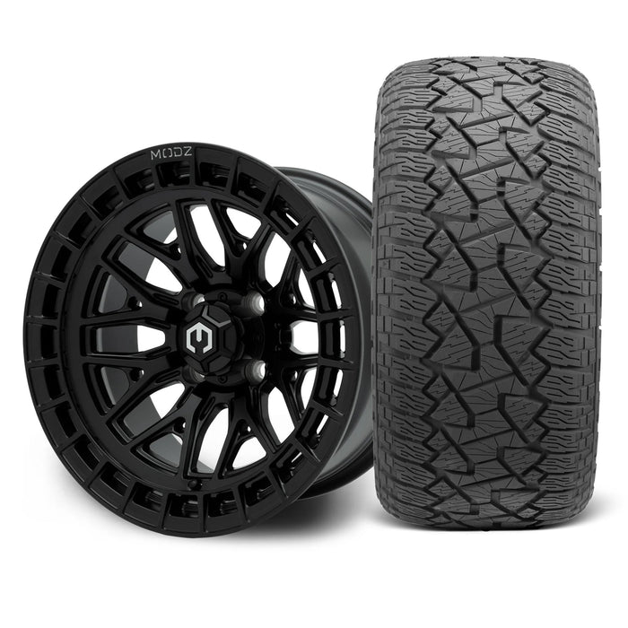 MODZ Torrent 14x7 Matte Black Wheel & X Comp Golf A/T Tire Package golf cart wheel and tire