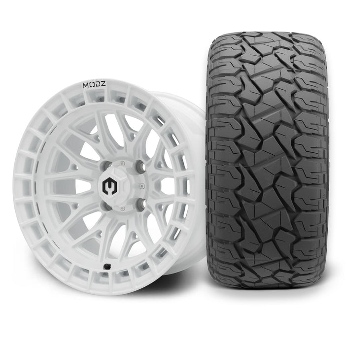 MODZ Torrent 14x7 Glossy White Wheel & X Comp Golf X/T Tire Package golf cart wheel and tire
