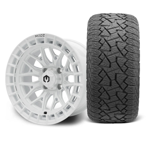 MODZ Torrent 14x7 Glossy White Wheel & X Comp Golf A/T Tire Package golf cart wheel and tire