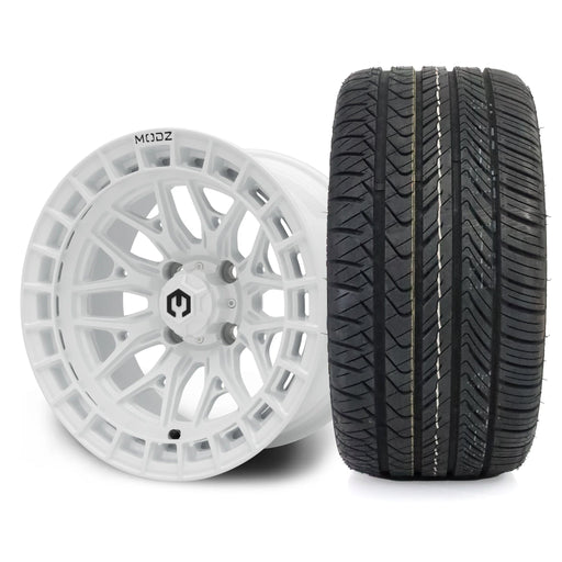 MODZ Torrent 14x7 Glossy White Wheel & X Comp Golf H/T Tire Package golf cart wheel and tire