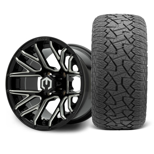 MODZ Matrix 12x7 Glossy Black with Ball Mill Wheel & X Comp Golf A/T Tire golf cart wheel and tire