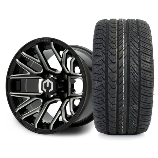 MODZ Matrix 12x7 Glossy Black with Ball Mill Wheel & X Comp Golf H/T Tire golf cart wheel and tire