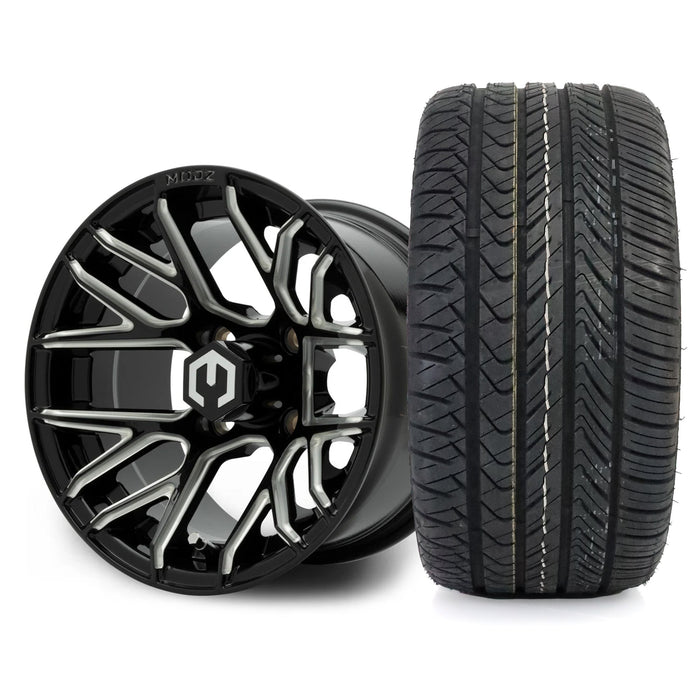 MODZ Matrix 12x7 Glossy Black with Ball Mill Wheel & X Comp Golf H/T Tire golf cart wheel and tire