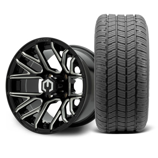 MODZ Matrix 12x7 Glossy Black with Ball Mill Wheel & Gladiator A/P Tire golf cart wheel and tire