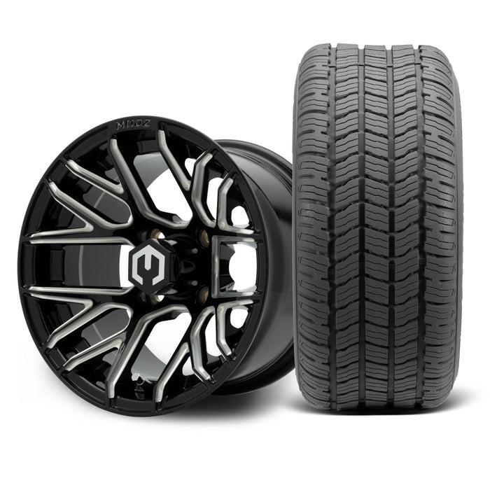 MODZ Matrix 12x7 Glossy Black with Ball Mill Wheel & Gladiator A/P Tire golf cart wheel and tire