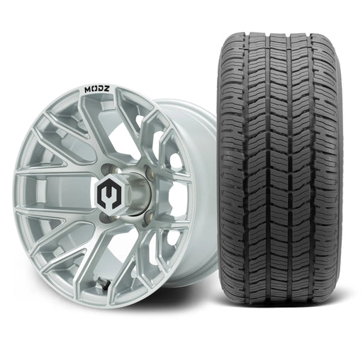 MODZ Matrix 12x7 Silver Wheel & Gladiator A/P Tire golf cart wheel and tire
