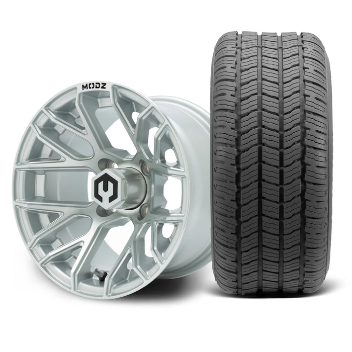 MODZ Matrix 12x7 Silver Wheel & Gladiator A/P Tire golf cart wheel and tire