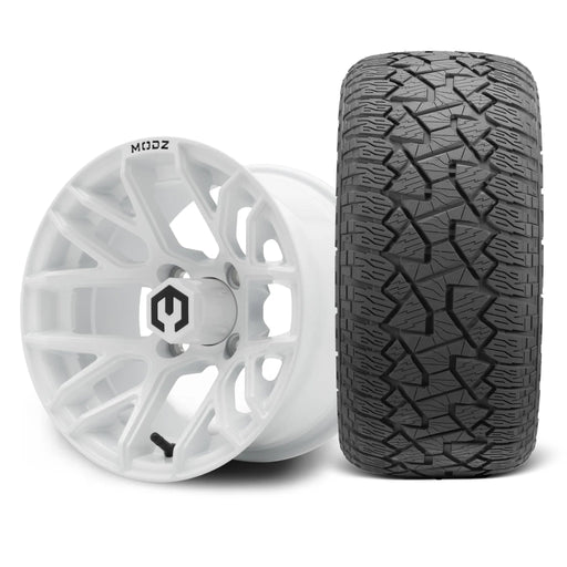 MODZ Matrix 12x7 Glossy White Wheel & X Comp Golf A/T Tire golf cart wheel and tire