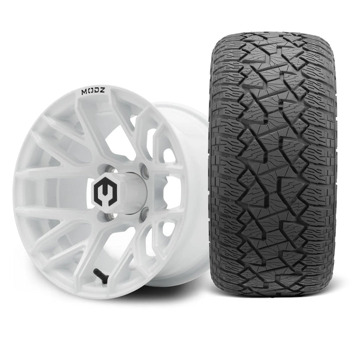 MODZ Matrix 12x7 Glossy White Wheel & X Comp Golf A/T Tire golf cart wheel and tire
