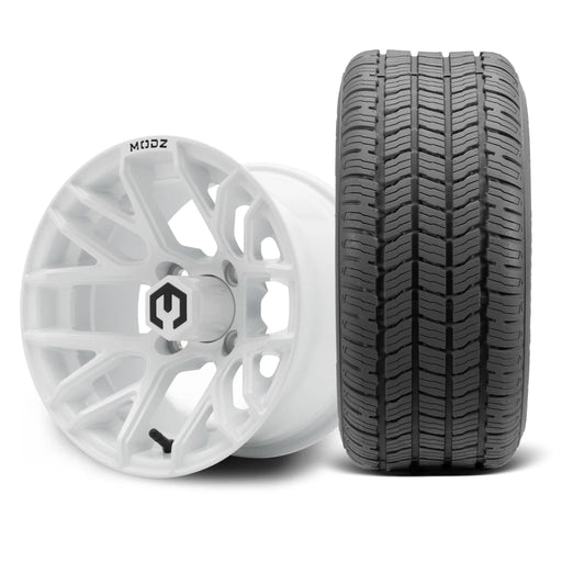 MODZ Matrix 12x7 Glossy White Wheel & Gladiator A/P Tire golf cart wheel and tire