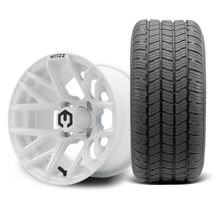 MODZ Matrix 12x7 Glossy White Wheel & Gladiator A/P Tire golf cart wheel and tire