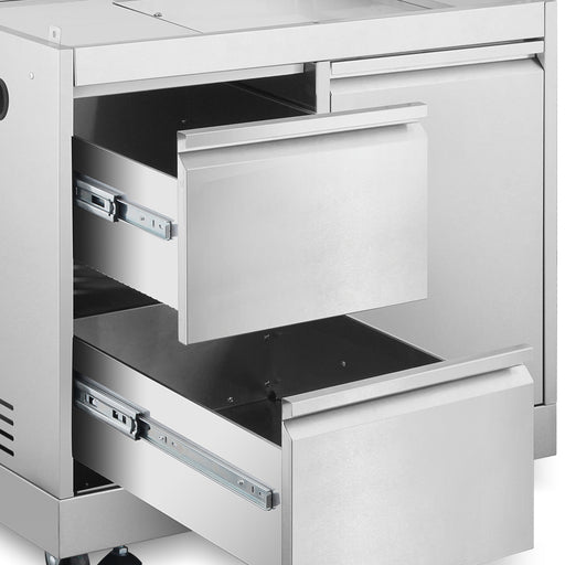 Cosmo 32-Inch Newport Collection Outdoor Grill Cabinet, Drawers, Propane Tank Mount, Soft Roll Casters, Stainless Steel Frame side angle view