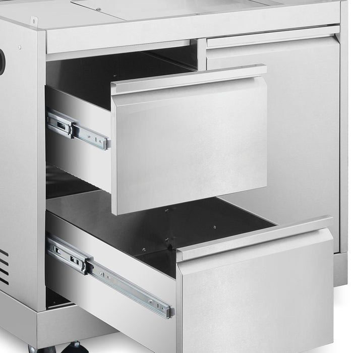 Cosmo 32 in. Newport Collection Grill Cabinet, Drawers, Propane Tank Mount, Soft Roll Casters, Stainless Steel Frame side angle view