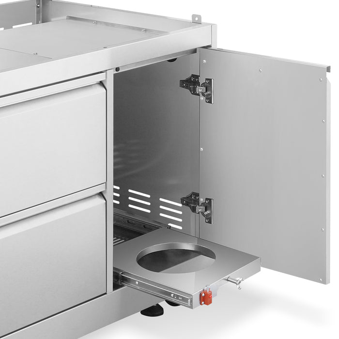 Cosmo 32 in. Newport Collection Grill Cabinet, Drawers, Propane Tank Mount, Soft Roll Casters, Stainless Steel Frame drawers open