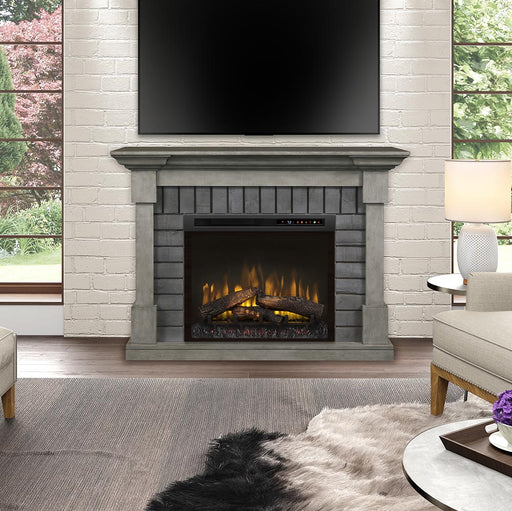 Royce Electric Fireplace Mantel Package in Smoke Stack Grey - angle view