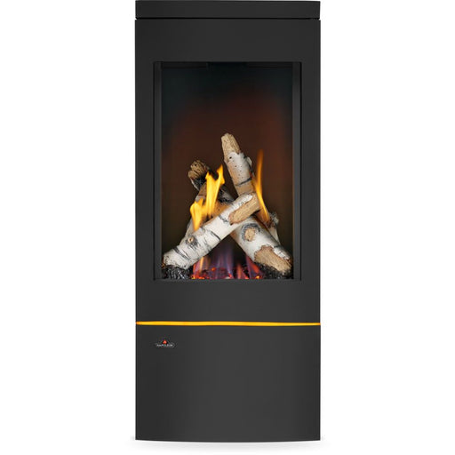 Napoleon Elora hybrid gas stove GDS30LN front view with birch logs, porcelain panels and accent lighting
