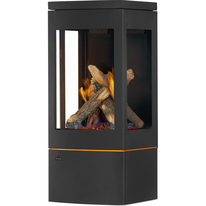 Napoleon Elora hybrid gas stove three-sided view with oak logs, left angle