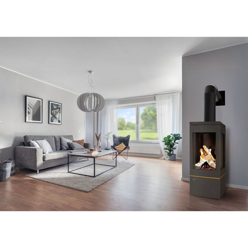 Napoleon Elora hybrid gas stove in a living room, angled view