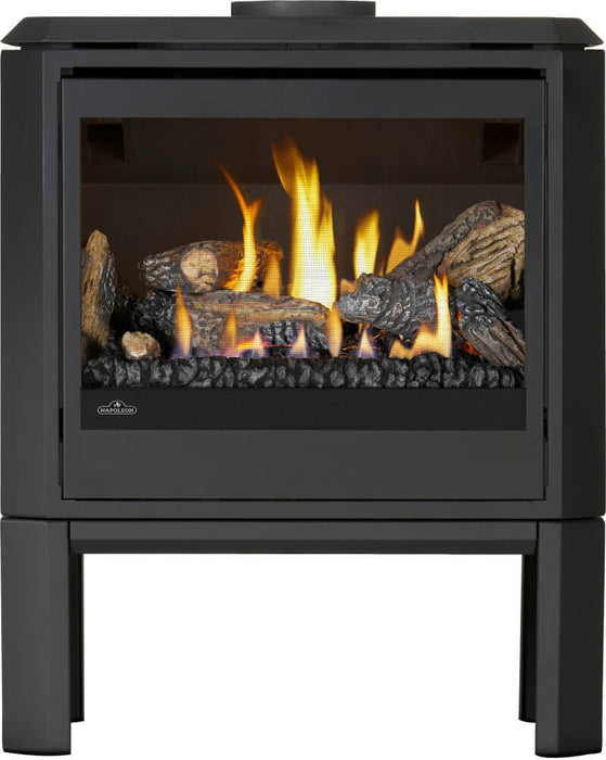 Napoleon Havelock Elite gas stove on feet with oak logs and flames