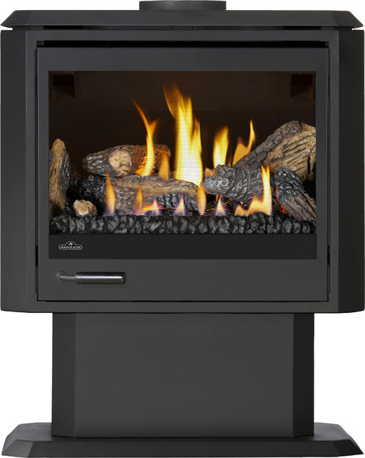 Napoleon Havelock Elite gas stove GDS50N-2 front view on pedestal with oak logs and MIRRO-FLAME panels
