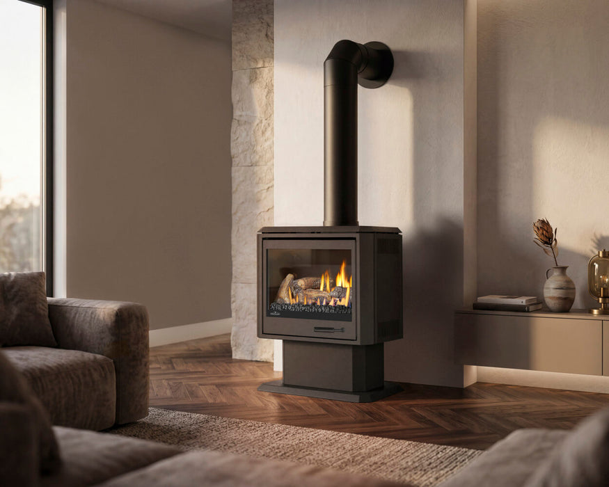 Napoleon Havelock Elite gas stove on a pedestal base in a living room
