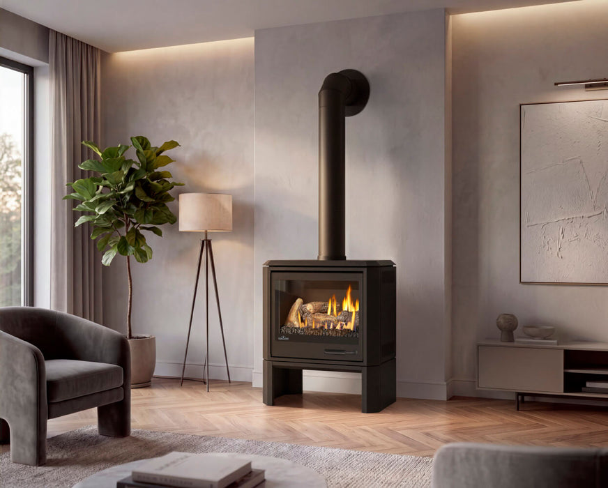 Napoleon Havelock Elite gas stove on legs in a living room