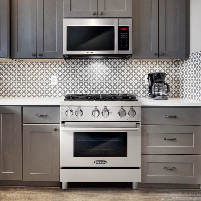 Cosmo 4-Piece Appliance Package - 30-Inch Dual Fuel Range, Over-the-Range Microwave, Dishwasher and Refrigerator in Stainless Steel (COS-4PKG-085) Cosmo