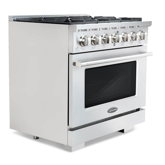 Cosmo 4 - Piece Appliance Package - 36-Inch Gas Range, Wall Mount Range Hood, Dishwasher, and Refrigerator in Stainless Steel (COS-4PKG-003) Cosmo