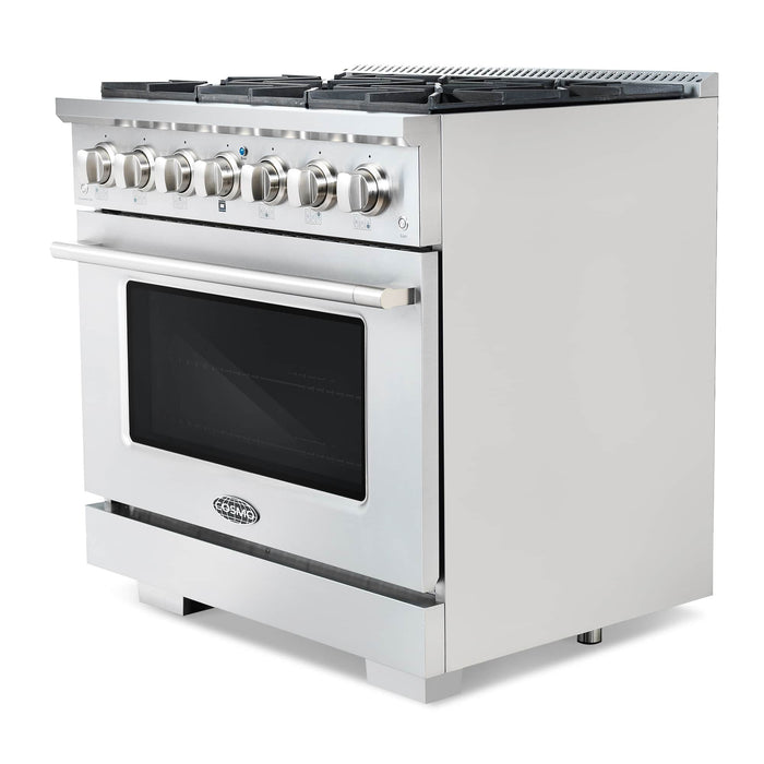 Cosmo 4 - Piece Appliance Package - 36-Inch Gas Range, Wall Mount Range Hood, Dishwasher, and Refrigerator in Stainless Steel (COS-4PKG-003) Cosmo